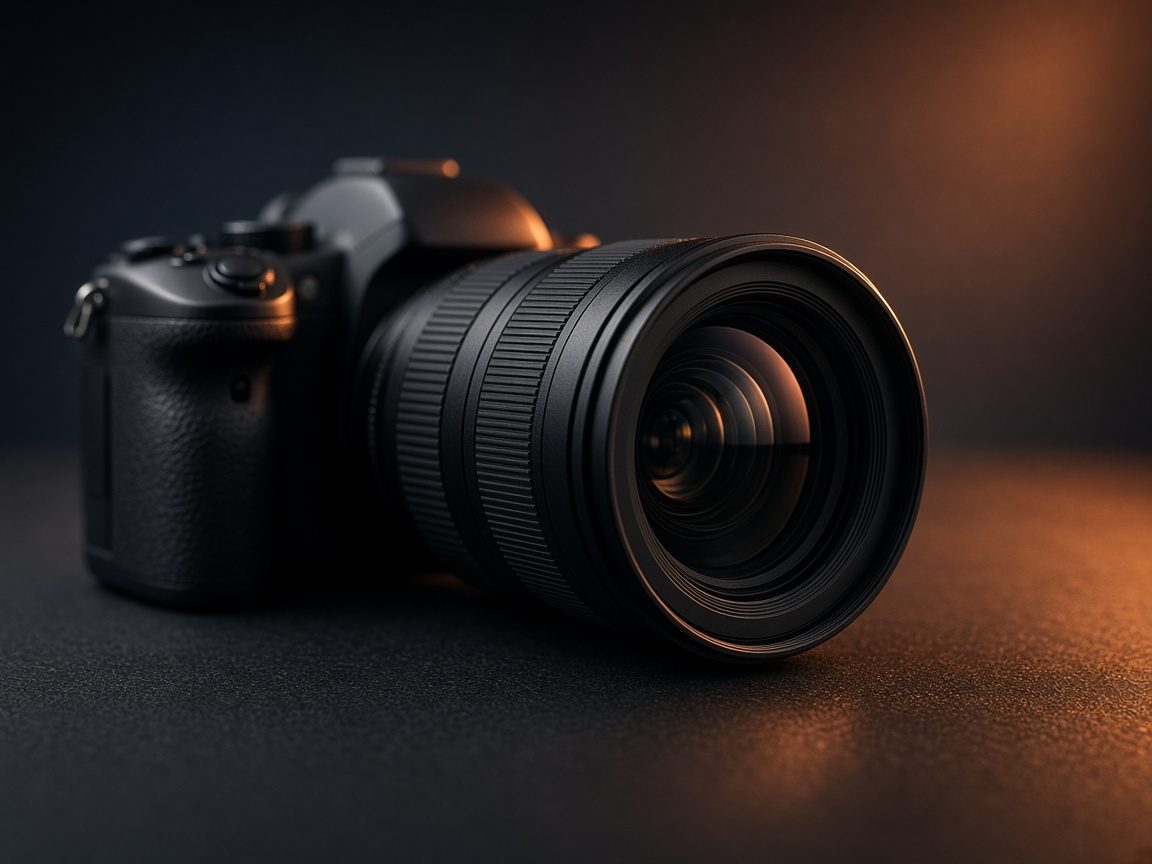 A camera on the studio table, lit with warm orange light